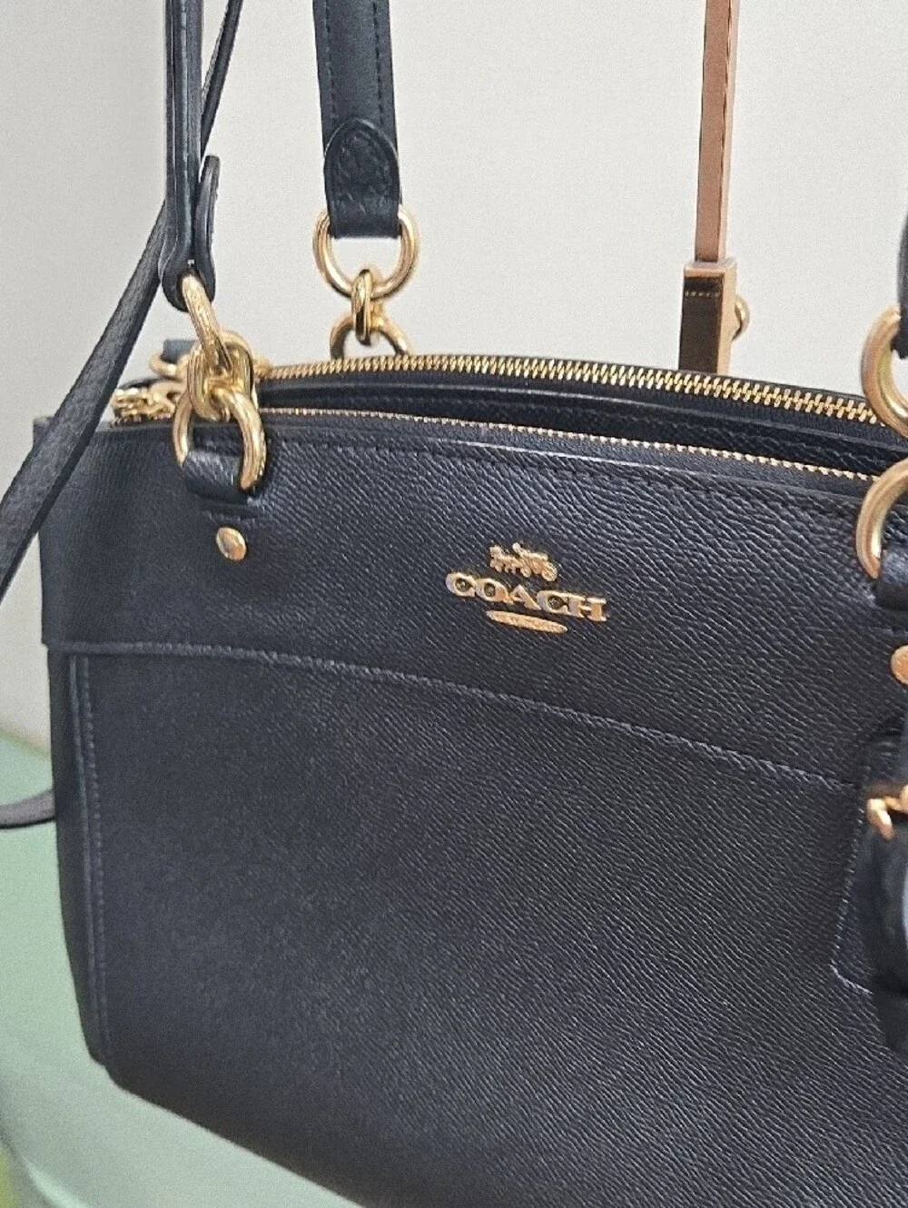 Coach Dark Navy Saffiano Leather Shoulder Bag with Gold Hardware